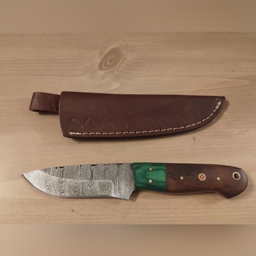 Damascus Steel Fixed Blade Knife w/ Sheath | Hunting Camping Utility